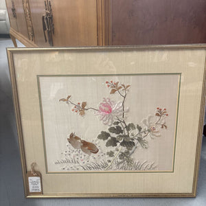 Vintage Gold Framed Chinese Bird & Flower Silk Embroidery Art