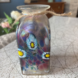 Vintage Hand Blown Glass Vase w Iridescent Floral Motifs by Herb A. Thomas