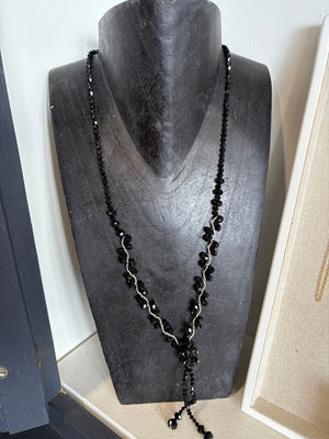 Black Crystal Glass Beaded Necklace w Pendant Strands