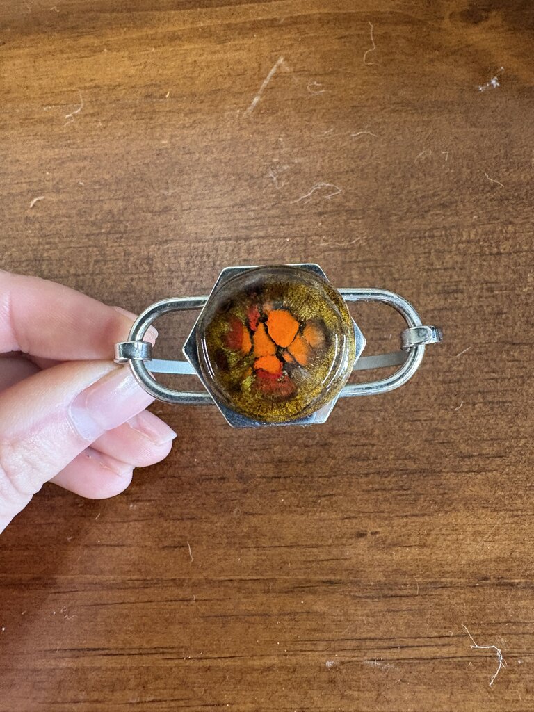 Hexagon Silver Toned Signed Bracelet w Amber Glass Detail