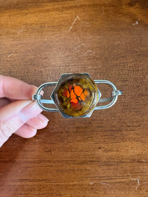 Hexagon Silver Toned Signed Bracelet w Amber Glass Detail