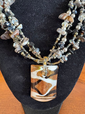 Art Glass Pendant w Multi Strand Glass Beads