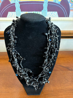 Multi Stranded Black & Silver Glass Beaded Necklace