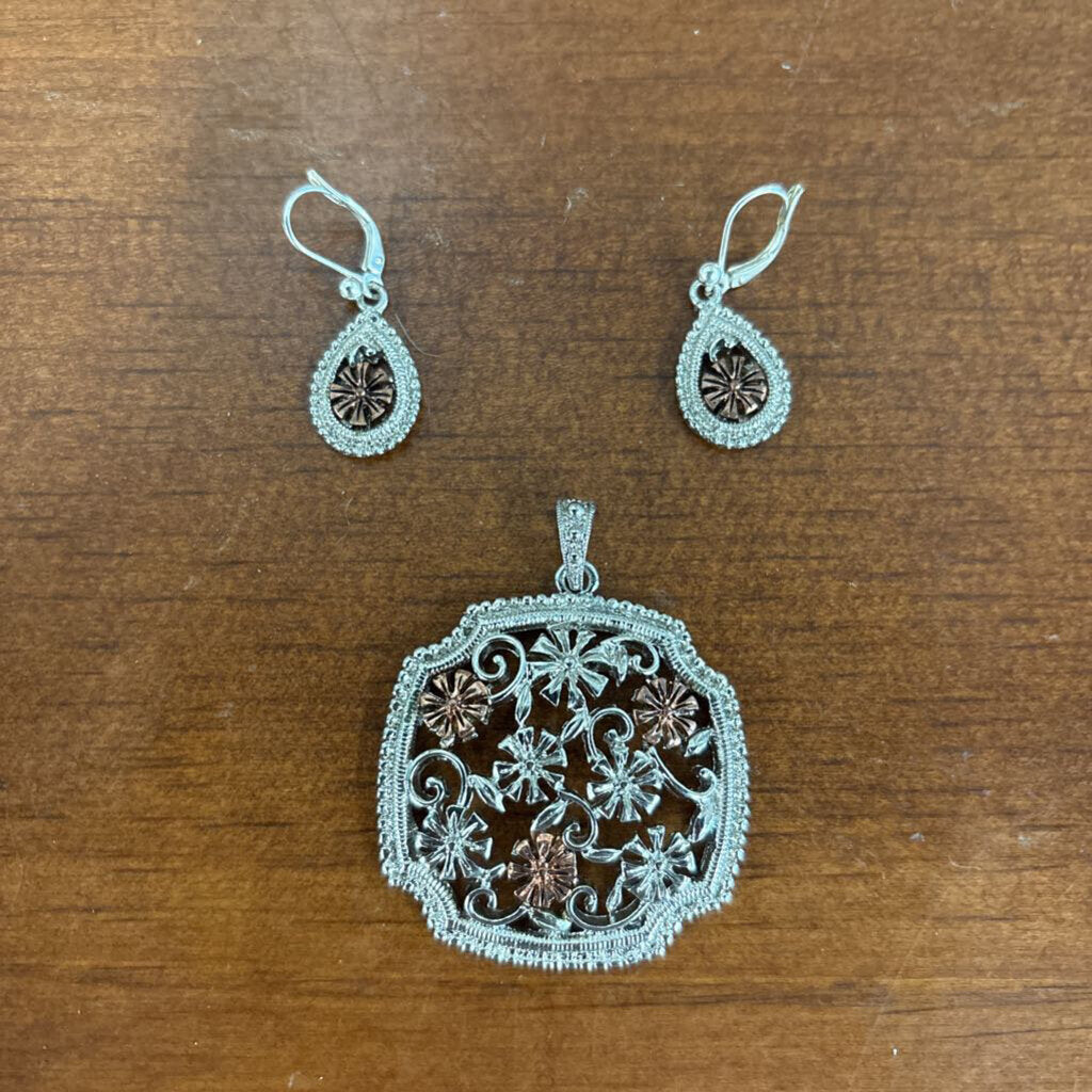 Copper & Silver Tone Earrings & Pendant SET