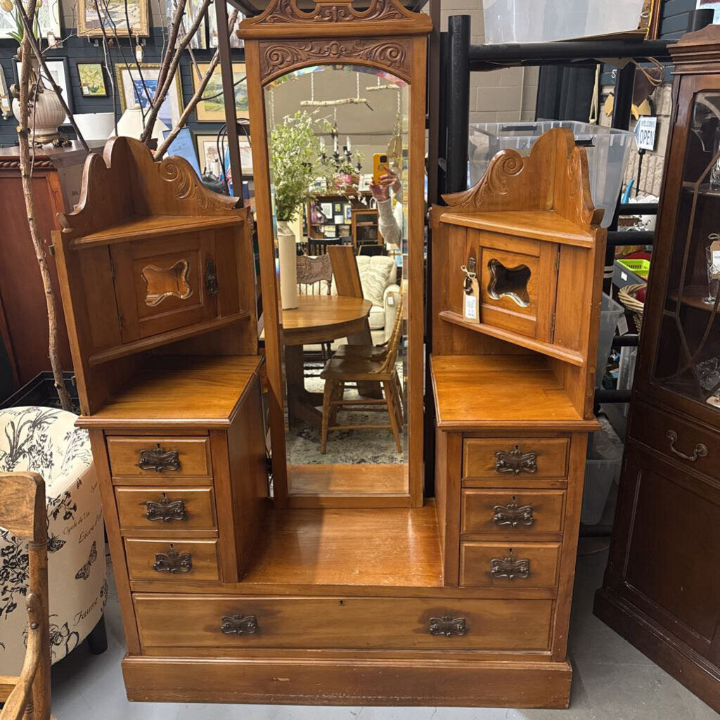 Antique Oak 4Pc Storage Cabinet w Leaning Mirror - Condition Noted