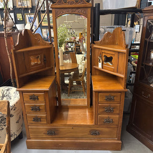 Antique Oak 4Pc Storage Cabinet w Leaning Mirror - Condition Noted
