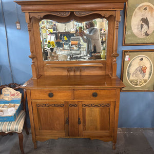 Antique Maple Hutch w 2 Drawers, 2 Doors, Scrolled Mirror
