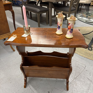 Dark Bookmatched Maple Side Table w Magazine Rack Base
