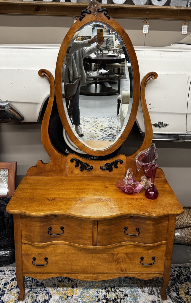 Antique Lt Maple Dresser w Oval Mirror - 3 Drawers, Black Applique