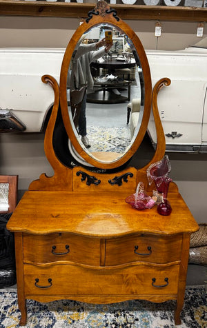 Antique Lt Maple Dresser w Oval Mirror - 3 Drawers, Black Applique
