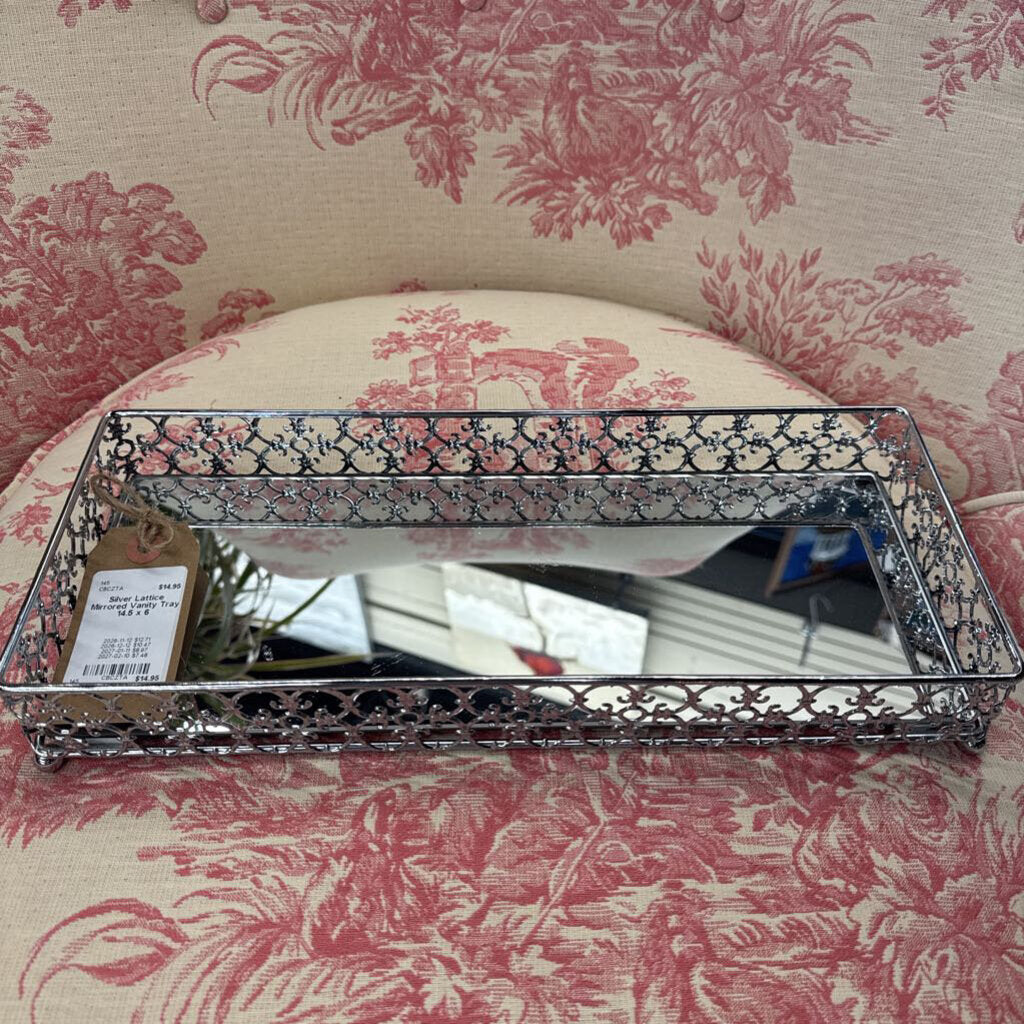 Silver Lattice Mirrored Vanity Tray
