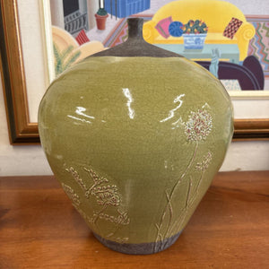 Decorative Ceramic Pottery Vase w Green Floral Motifs by Jean Massier of Vallauris