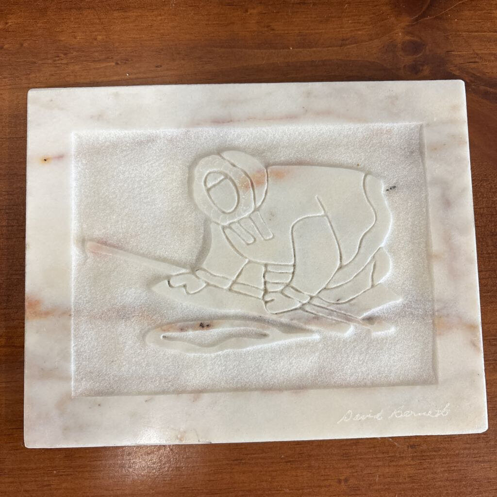 Carved Marble Bas-Relief Art Tile "Inuit Ice Fishing" by David Bernett