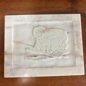 Carved Marble Bas-Relief Art Tile "Inuit Ice Fishing" by David Bernett