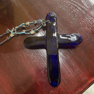 Dark Blue Glass Cross w Charms