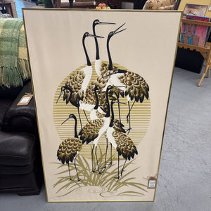 Classic Japanese Crane Design Fabric Print w Gold Frame