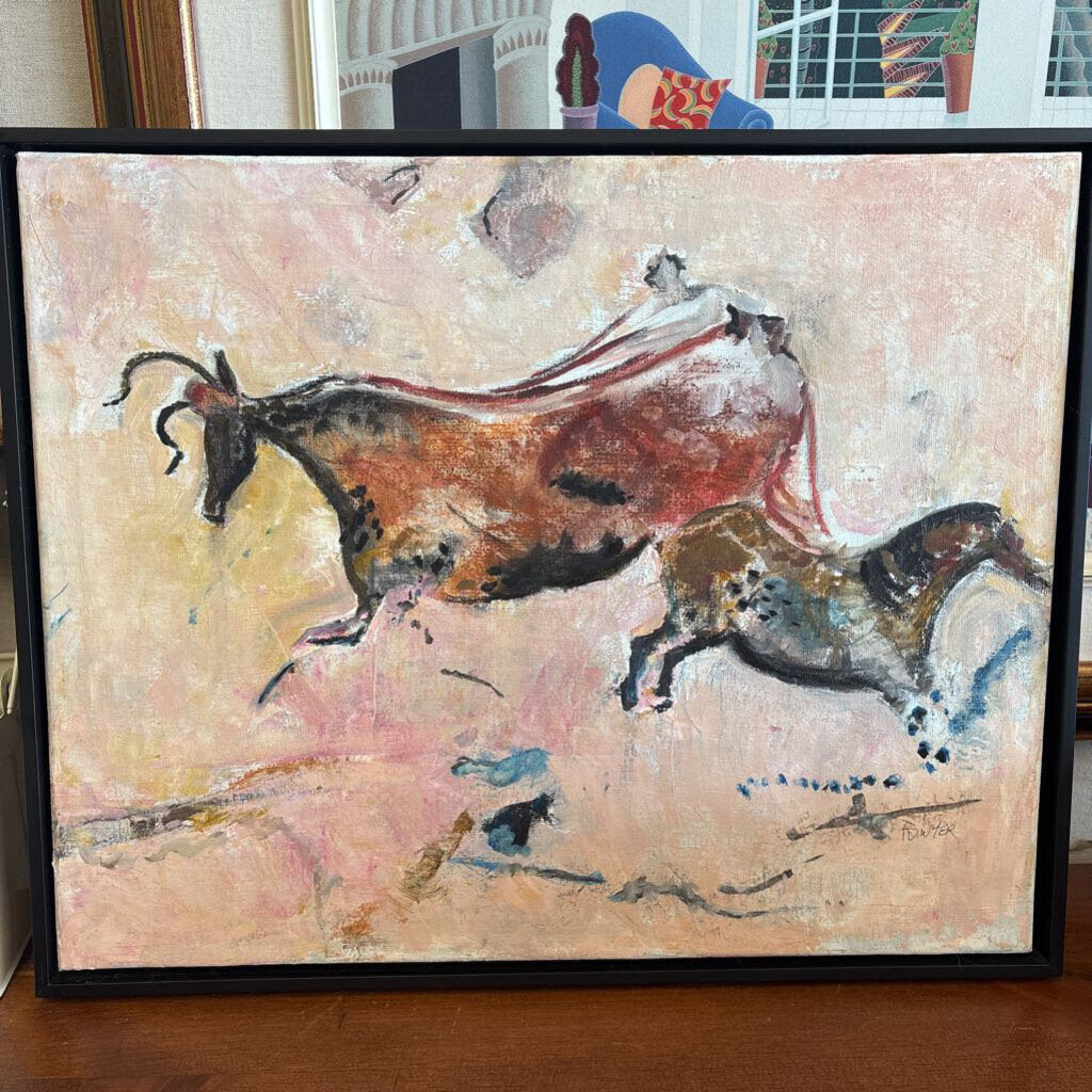 Framed Original Recreation of Prehistoric Cave Paintings by F. Dwyer