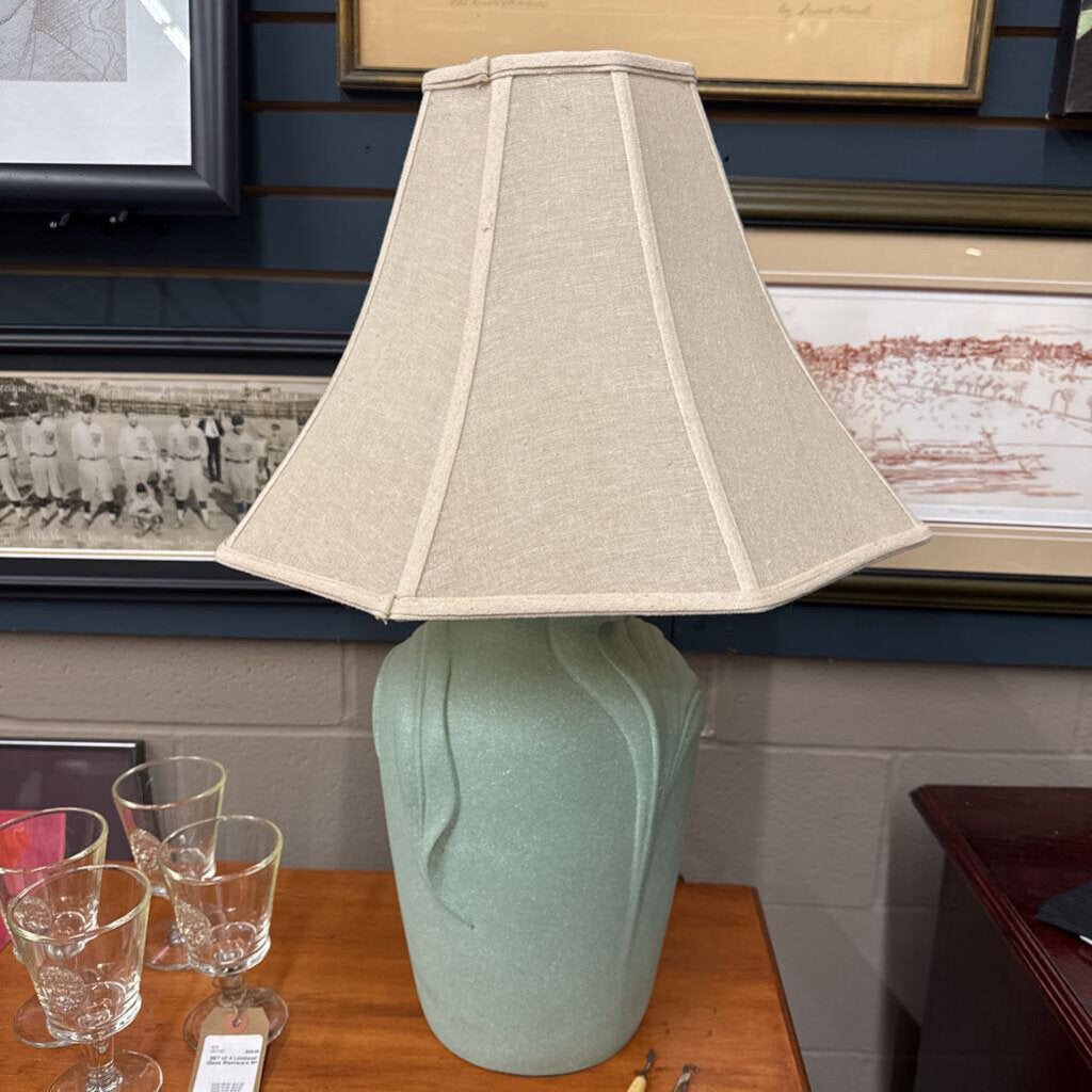 Soft Green Ceramic Lamp w Cream Linen Shade