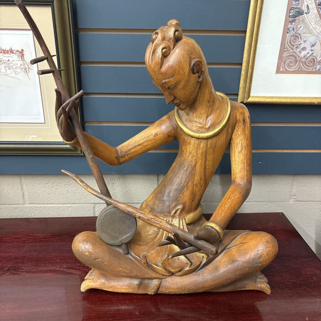 Hand-carved Wooden Asian Musician Sculpture