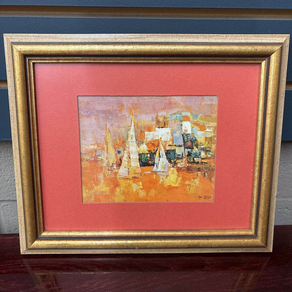 Framed Harbour Scene - Orange Mat, Gold Frame