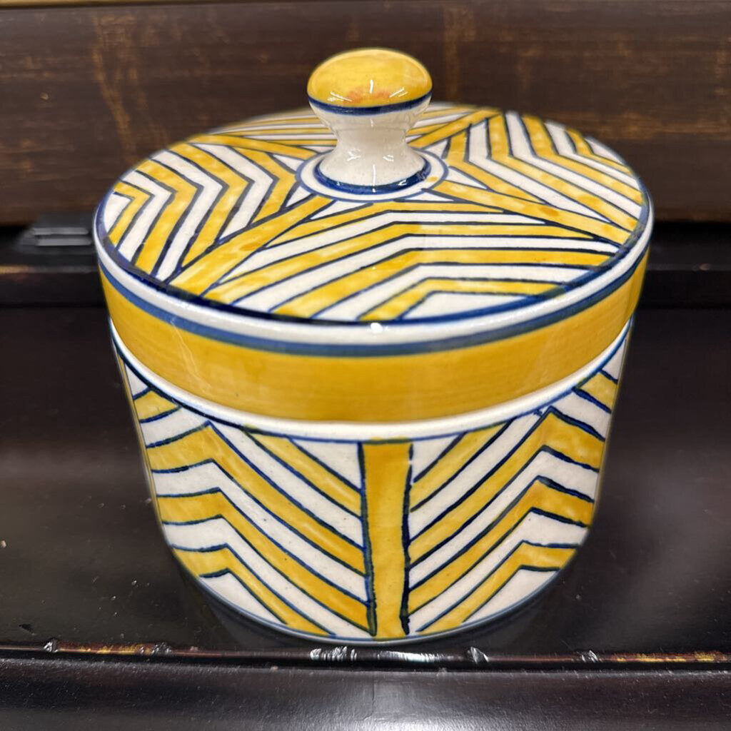Yellow & Navy Chevron Striped Dish w Lid - India