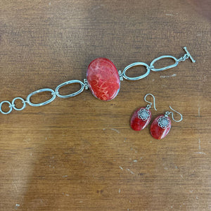 Bracelet & Earring SET- Royal Bali Sterling Silver Oval Cut Red Coral Stones w Filigree Detail