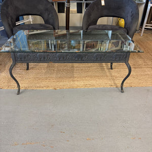 Traditional Wrought Iron Glass Top Coffee Table w Elephant Design- Cond. Noted