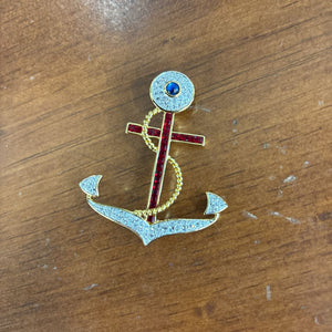 Gold Tone Anchor Custume Jewellery Brooch w Red and White Gemstones