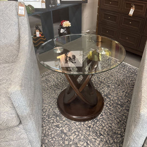 "Atomic" Modern Round End Table w Glass Top & Intersecting Wood Base