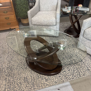 "Atomic" Modern Oval Coffee Table w Glass Top & Intersecting Wood Base