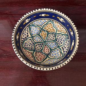 Vintage Hand Crafted Round Bowl w Geometric Print Made in North Africa