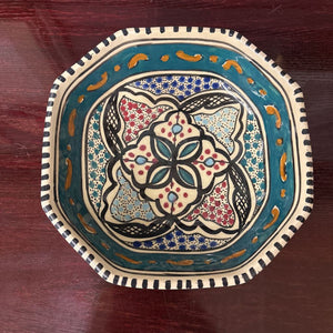 Vintage Hand Crafted Hexagonal Bowl w Geometric Print Made in North Africa