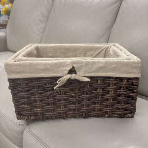 Pair of Woven Dark Brown Storage Baskets w Linen Lining