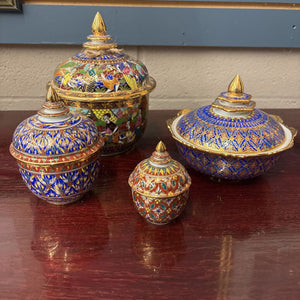 SET of 4 Hand Painted & Gilded Thai Benjarong Porcelain Lidded Jars