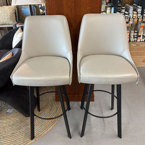 PAIR of Light Grey Swivel Barstool Leather Chairs w Black Metal Legs