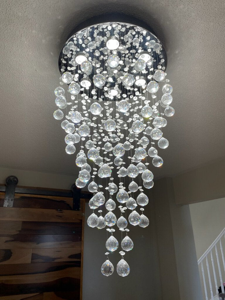 Modern Round Chrome Ceiling Mount Chandalier with Cascading Crystals