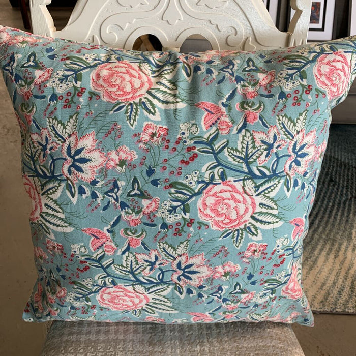 Pink Peonies on Turquoise Pillow