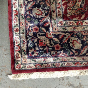 Red and Navy Fringed Silk Carpet w Flower Pot Design Handmade In India