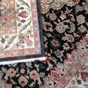 Rose and Black Fringed Silk Carpet Handmade in India