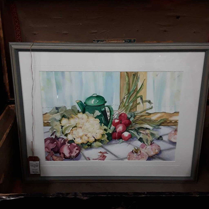 Framed Watercolor Garden Vegetables w Pitcher