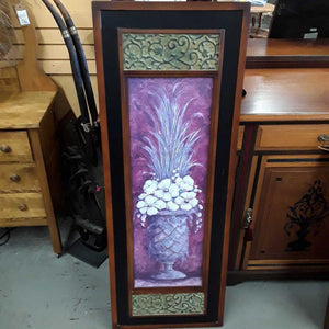 Wall Art w Pink Purple Flower - Wood Frame - Tin Accent