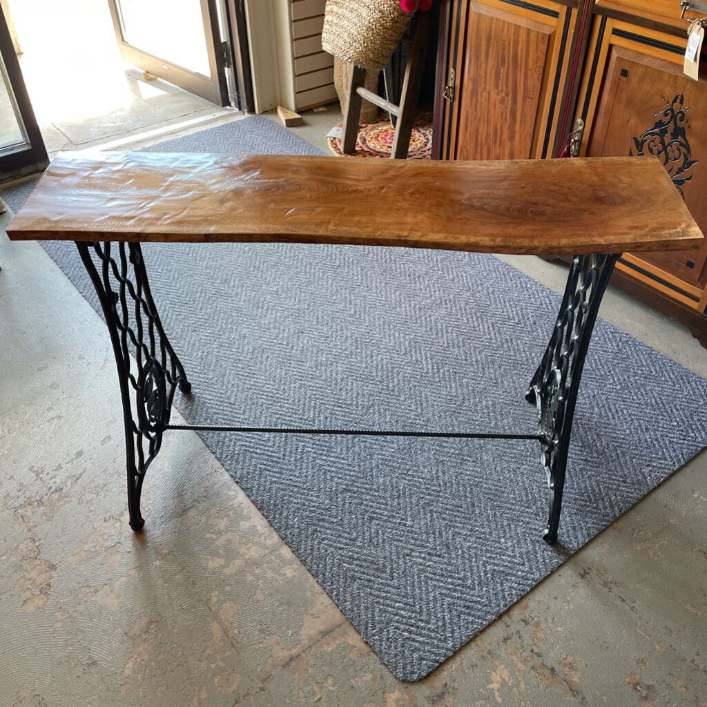 New Live Edge Cherry Console Table w Wrought Iron Singer Sewing Machine Legs