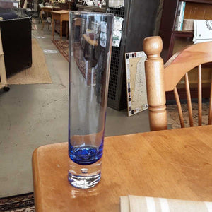 Blue Glass Cylinder Vase w Bubble in Base