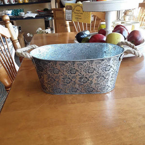 Oval Tin Container w Black Flowers