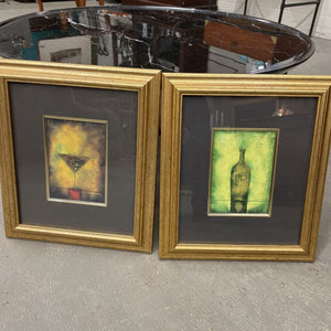 Martini Glass & Green Bottle Picture w Gold Frame