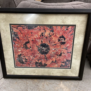 Original Red Flower Batik on Paper w Black Frame