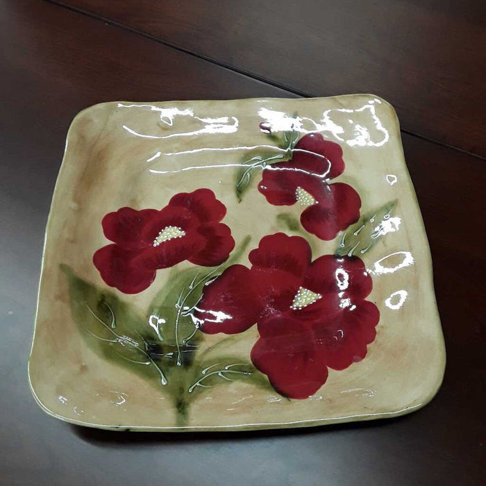 Ceramic Glazed Square Plate Beige w Red Poppies
