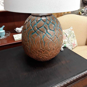 MCM Terra Cotta & Turquoise Lamp w Abstract Etched Design & White Shade