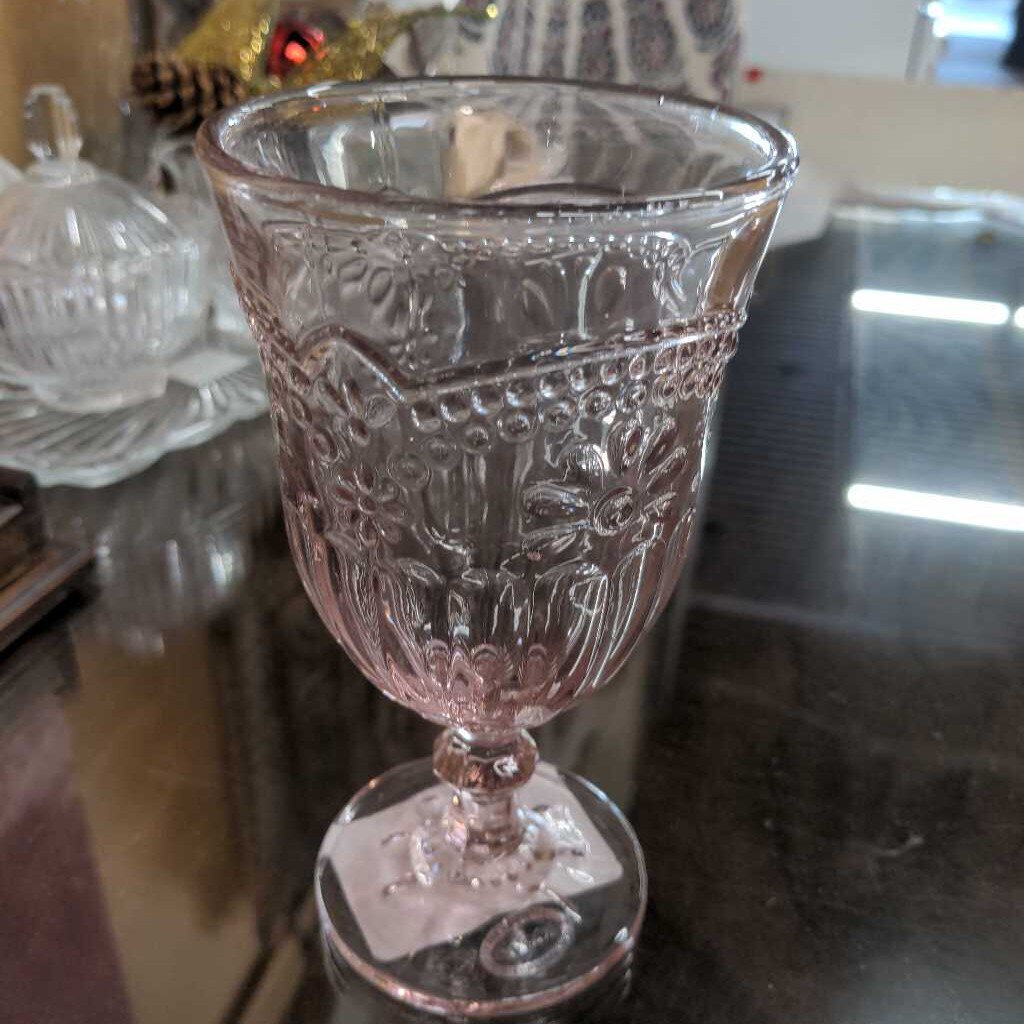 Pink Wine Goblet Glass w Flowers - DESIREE