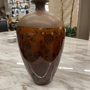 Brown Ceramic Vase w Floral Gloss Accents